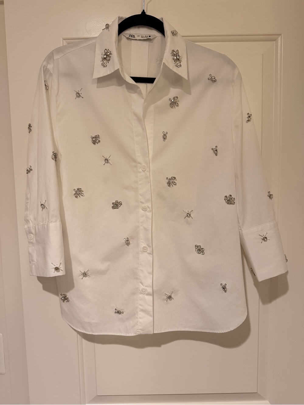 ZARA White Jewel-Embellished Button-Down Shirt